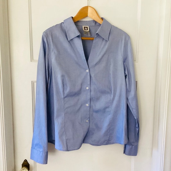 Anne Klein Non-Iron Fitted Button Up Womens L Blue V-neck Collared Blouse Office - Picture 2 of 13